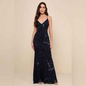 Lulus Valhalla Navy Blue Sequin Lace Up Maxi Dress